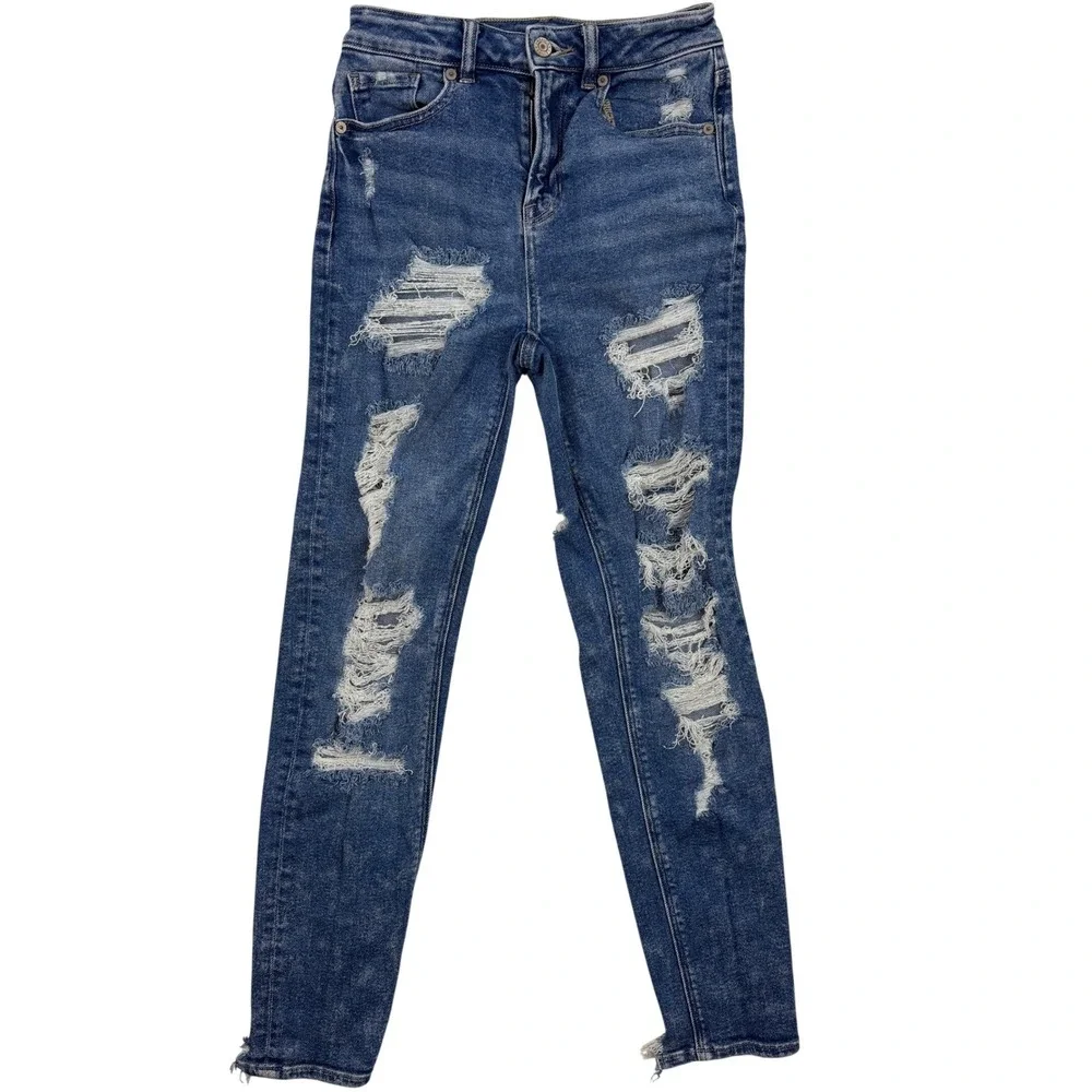 AMERICAN EAGLE Womens Mom Jean Distressed Stretch High Rise Blue Denim Size 00 - Picture 1 of 10